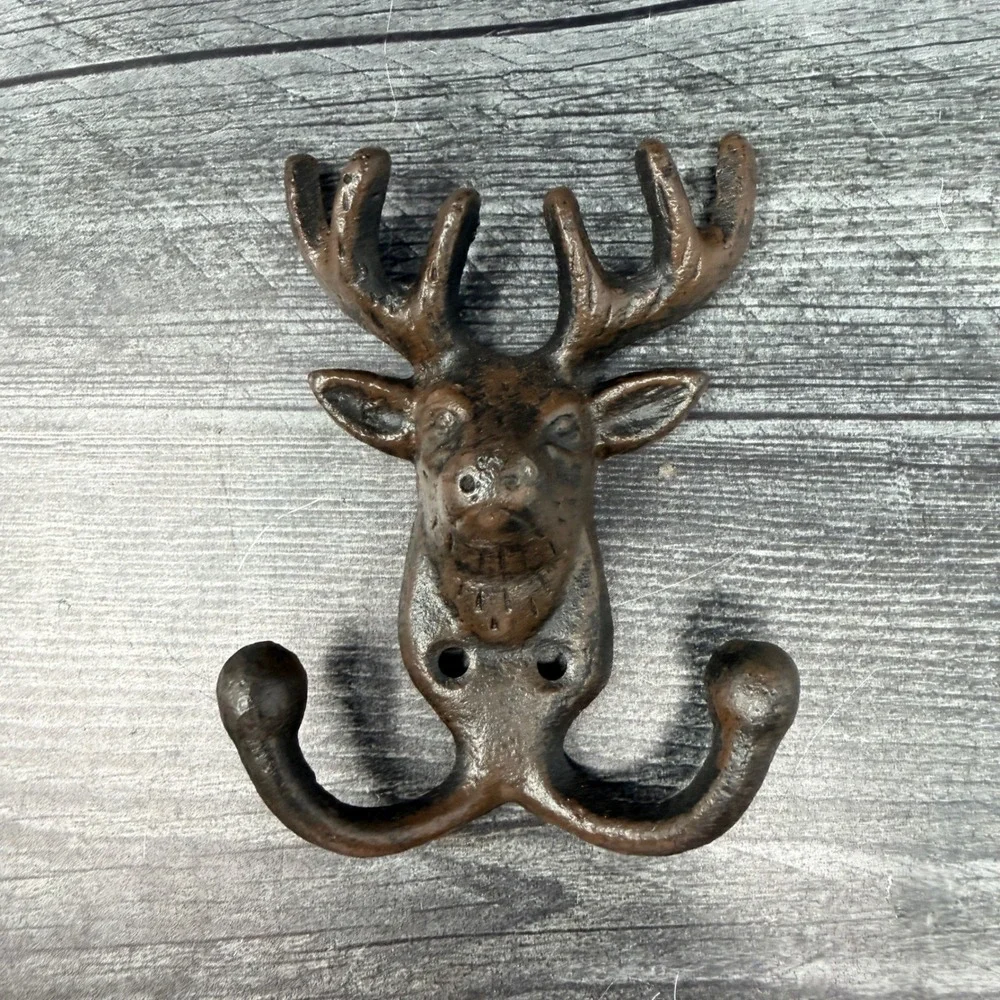 Cast Iron Stag Deer Head Double Wall Hook Rustic Cabin Lodge Decor Farmhouse